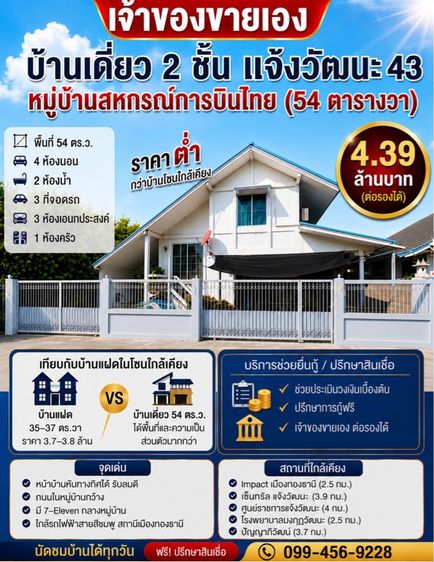 เจ้าของขายเองบ้านเดี่ยว ม.สหกรณ์การบินไทย แจ้งวัฒนะ 54 ตร.วา สภาพ