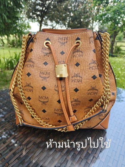 ไม่ระบุ น้ำตาล หนังแท้ กระเป๋า MCM Klassik Drawstring Bag ลาย Visetos Cognac ทรงขนมจีบ ของแท้ มีใบรับประกันครบ 
