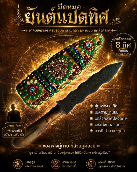 กริชสมเด็จพุฒาจารย์โต ลงอักขระ ประดับพลอยสีเม็ดคริสตัน ยาว14 นิ้วรวมด้าม