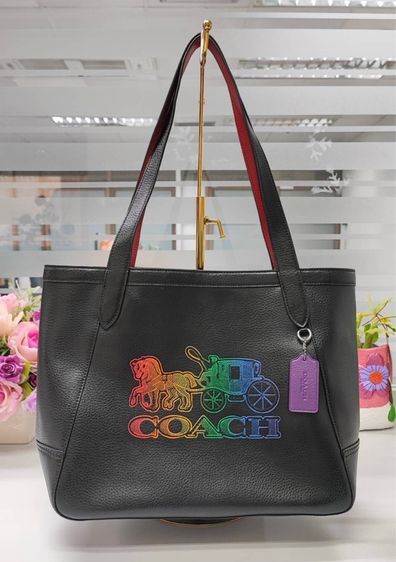 หญิง ดำ หนังแท้ Coach โค้ชชช Tote 27 ลายรถม้าสีรุ้ง No. C7221