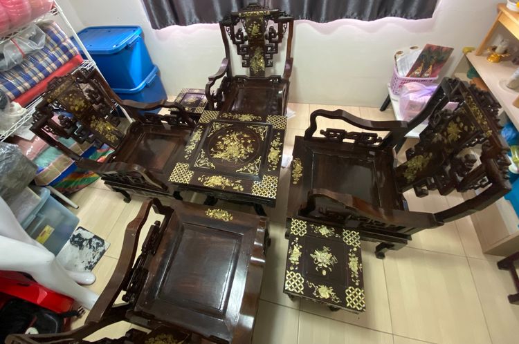 ขายชุดโต๊ะมุกมือสอง งานเก่าวินเทจ ชุด 10 ชิ้น ไม้ชิงชัน