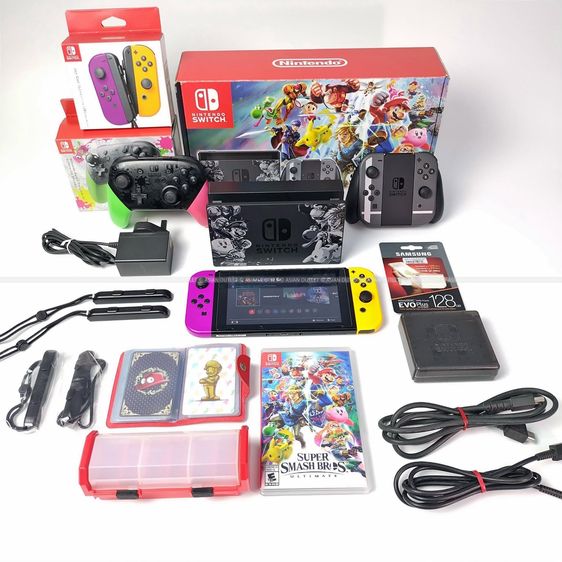 เครื่องเกมส์นินเทนโด เชื่อมต่อไร้สายได้ Nintendo Switch Super Smash Bros Ultimate Limited Edition ครบกล่อง + Joy Pro Splatoon 2 + Joy Con Purple Orange + Samsung 128GB EVO Plus เคส