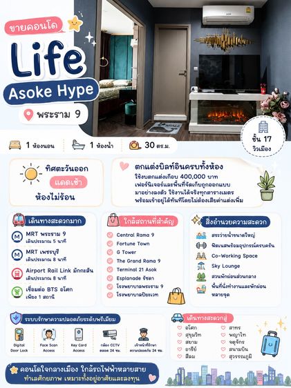 AP (Thailand) ไม่อนุญาต ตกแต่งครบ 2022 ขาย Life Asoke Hype พระราม 9  ห้องแต่งครบ พร้อมผู้เช่า ทำเลหายาก เดินถึงรถไฟฟ้า 3 สาย
