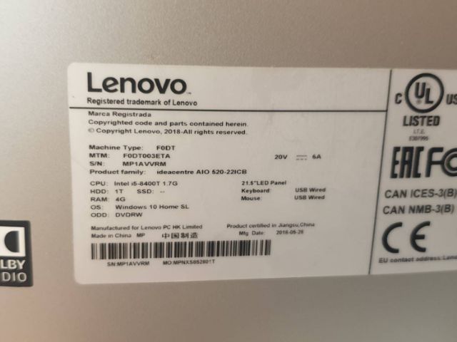 จอคอม  Lenovo All in One  (ปี 2018) 
CPU: Intel Core i5-8400T 1.7G
RAM: 4GB
HDD: 1TB
หน้าจอ:  21.5 นิ้ว ( เฉพาะตัวคอมพ์ฯ ไม่มีปลั๊ก ) รูปที่ 3