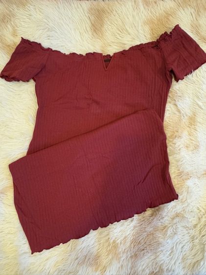 อื่นๆ เดรส | จั๊มสูท ฟรีไซส์ แขนสั้น เดรสเปิดไหล่สีแดง