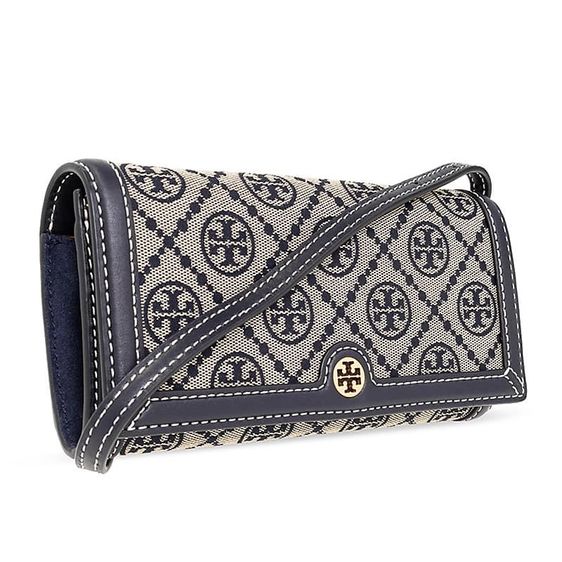 ผ้า หญิง น้ำเงิน Tory Burch T Monogram Jacquard Wallet Crossbody สี Navy Blue