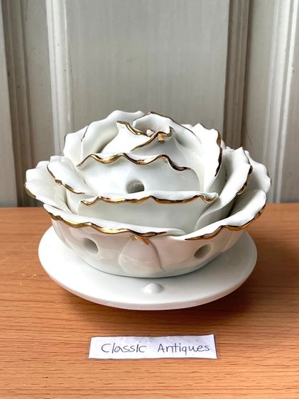 กระถางกำยานเซรามิก ดอกกุหลาบขอบทองสะสม