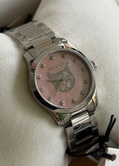 ชมพู GUCCI G Timeless Silver Cat Mother Pearl Diamond 27 mm Lady Watch YA1265025