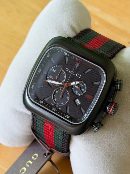 ดำ GUCCI Coupe 44 MM Chronograph Square Striped Nylon Strap Black Green Red YA131202
