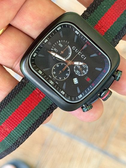 GUCCI Coupe 44 MM Chronograph Square Striped Nylon Strap Black Green Red YA131202 รูปที่ 11