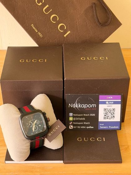 GUCCI Coupe 44 MM Chronograph Square Striped Nylon Strap Black Green Red YA131202 รูปที่ 2