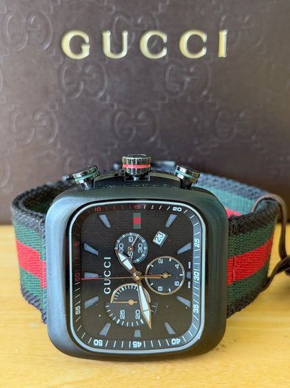 GUCCI Coupe 44 MM Chronograph Square Striped Nylon Strap Black Green Red YA131202 รูปที่ 9
