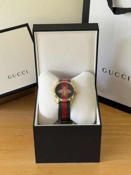 GUCCI G-Timeless Bee Gold Nylon Strap Green Red Swiss Quartz Watch YA126487B  รูปที่ 3