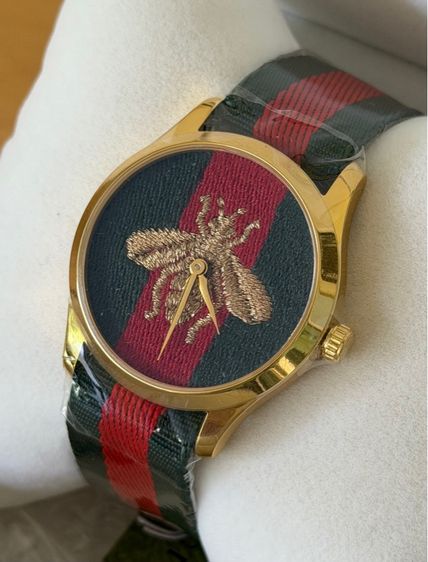 เขียว สแตนเลส GUCCI G-Timeless Bee Gold Nylon Strap Green Red Swiss Quartz Watch YA126487B 
