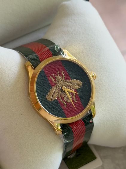 GUCCI G-Timeless Bee Gold Nylon Strap Green Red Swiss Quartz Watch YA126487B  รูปที่ 17