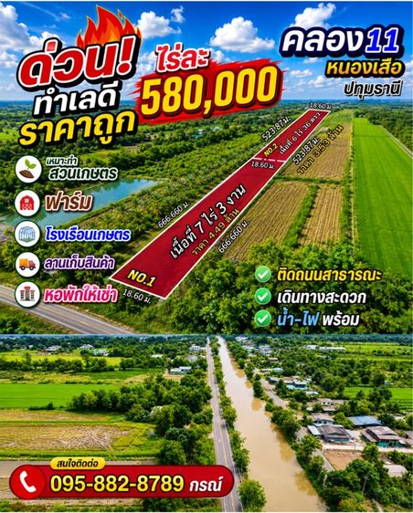 ใช่ ขายด่วนที่ดินถูกไร่ละ580,000 คลอง11 หนองเสือ ปทุมธานี