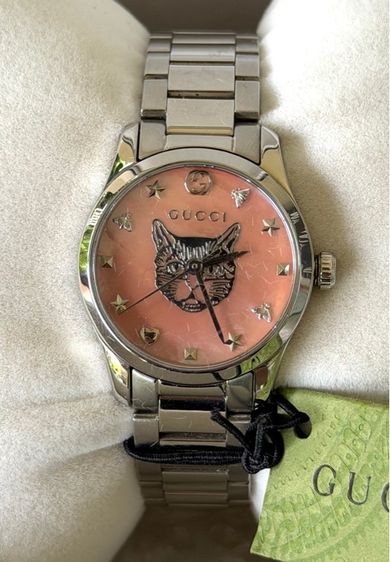 ชมพู GUCCI G Timeless Silver Cat Mother Pearl Diamond 27 mm Lady Watch YA1265025