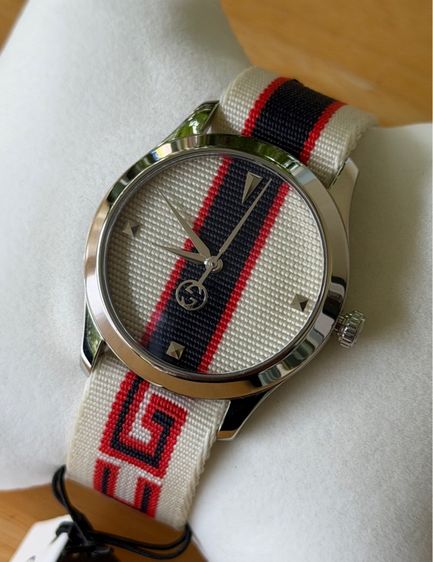 ขาว GUCCI  G Timeless 38 mm Multicolour Nylon Strap Watches YA1264071 126.4 Swiss Quartz Men Watch 