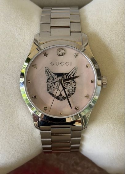 ชมพู สแตนเลส GUCCI G Timeless 38 mm Silver Cat Mother of Pearl Swiss Quartz Steel Men’s Watch YA1264166 Pink Dial 