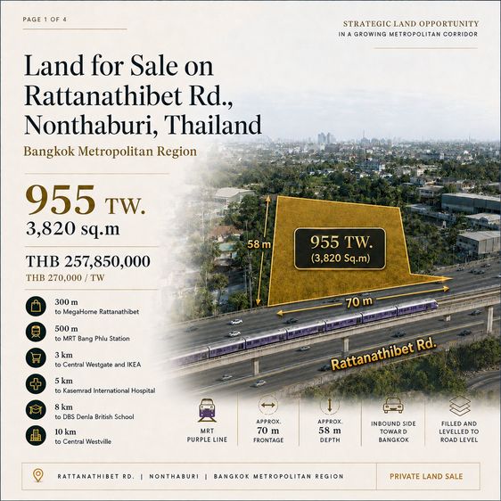 ขายที่ดิน Prime Development Site ติดถนนรัตนาธิเบศร์ ใกล้ MRT บางพลู