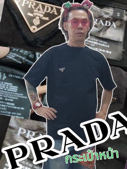 S แขนสั้น เสื้อทีเชิ้ต ยืดดำกระเป๋าหน้า PRADA🇮🇹พรีเมี่ยม