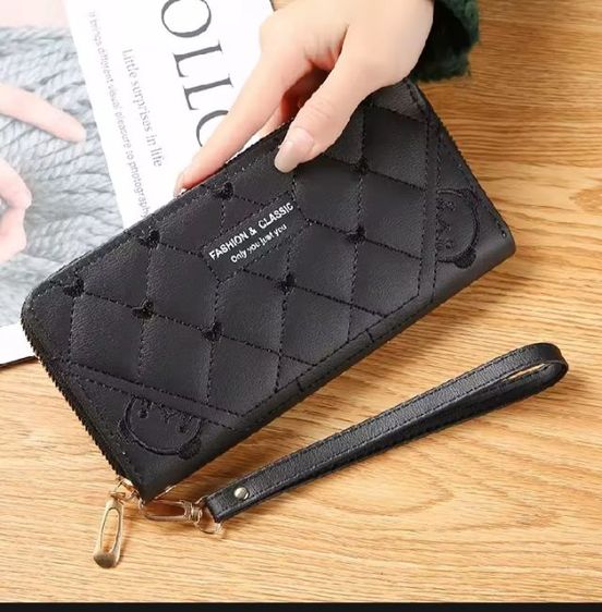 หญิง ดำ หนัง PU กระเป๋าสตางค์แบบยาวหนังนิ่ม ใส่มือถือ ธนบัตร เหรียญ บัตร ความจุได้เยอะ