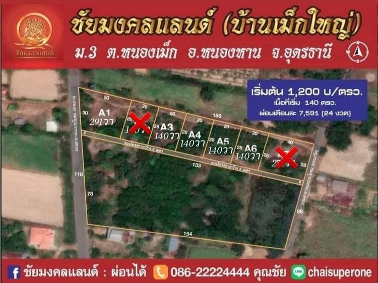 ที่ดินผ่อนได้ แบ่งล๊อก บ้านหนองเม็ก ต.หนองเม็ก อ.หนองหาน จ.อุดรธานี