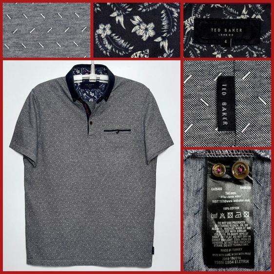 เทา L แขนสั้น ⚠️ผลิตในยุโรป‼️เสื้อโปโล TED BAKER ของแท้ รุ่น แบรนด์เนมอังกฤษ
