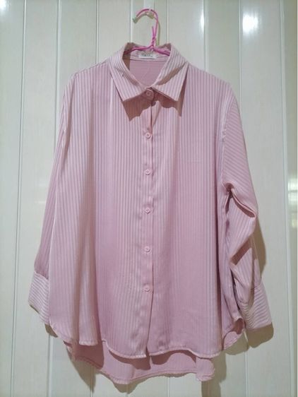 แขนยาว L เสื้อเชิ้ตและเสื้อผู้หญิง เสื้อเชิ้ตสีชมพูพาสเทล ลายริ้ว