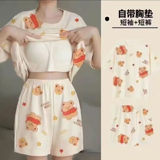 แขนสั้น เสื้อเชิ้ตและเสื้อผู้หญิง ชุดนอนผ้าคอตตอนแบบมีบรา ดีไซน์สวย ใส่หลับสบายชุดนอนขาสั้นสำหรับผู้หญิง M-2xl

