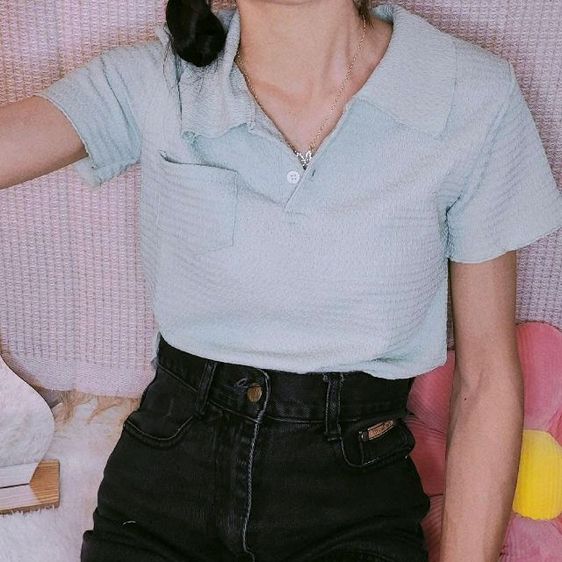 📌 เสื้อโปโลไหมพรมสีเขียวมิ้นท์ 🌿