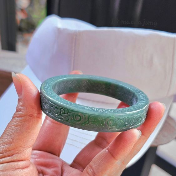 Highqualityjade กำไลหยก Oceanblue เนื้อโปร่งแสง แกะสลักลายเหรียญจีนเถาวัลย์เกี่ยวทรัพย์  รูปที่ 10