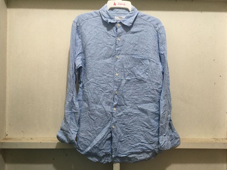 แขนยาว เสื้อเชิ้ต ผ้าลินิน  แบรนด์ UNIQLO สีฟ้า