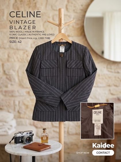 CELINE Vintage Blazer Wool  Made in France ไซซ์ 42 สภาพสวยมาก