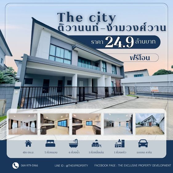 ขายบ้านเดี่ยวหลังมุม บ้านใหม่ไม่เคยเข้าอยู่ หมูู่บ้าน The City ติวานนท์–งามวงศ์วาน 24.9 ล้านบาท ฟรีโอน