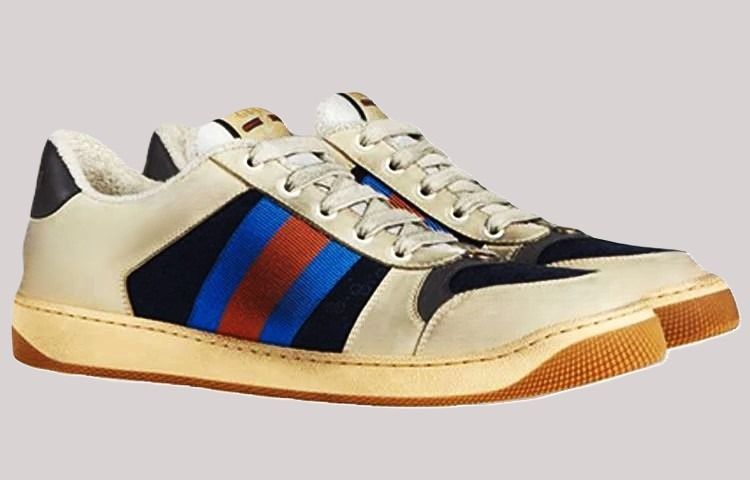 รองเท้าหนังกึ่งทางการ UK 8 | EU 42 | US 8.5 GUCCI GG Screener Webbing-Trimmed Distressed Nubuck Leather and Canvas Navy low top sneakers