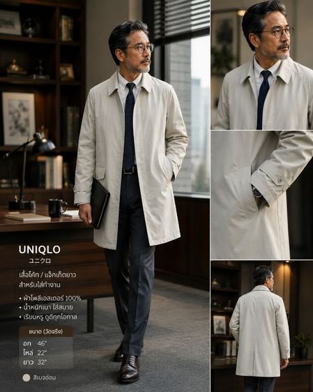 UNIQLO เสื้อโค้ท แจ็กเก็ตยาว สีเบจอ่อน มือสอง สภาพดี รูปที่ 8