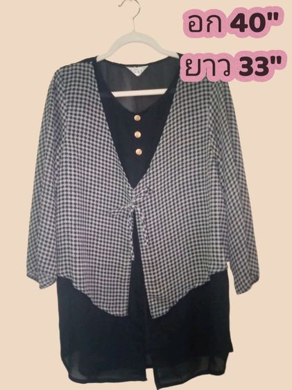 เสื้อเชิ้ตและเสื้อผู้หญิง ‎🌿 เสื้อผู้หญิงลายตารางขาวดำ ดีไซน์ผูกหน้า กระดุมลายวินเทจ🕯️รวมส่ง