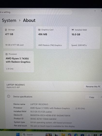 Aspire series Acer Aspire lite 15  Ryzen 5 7430U RAM 16GB 