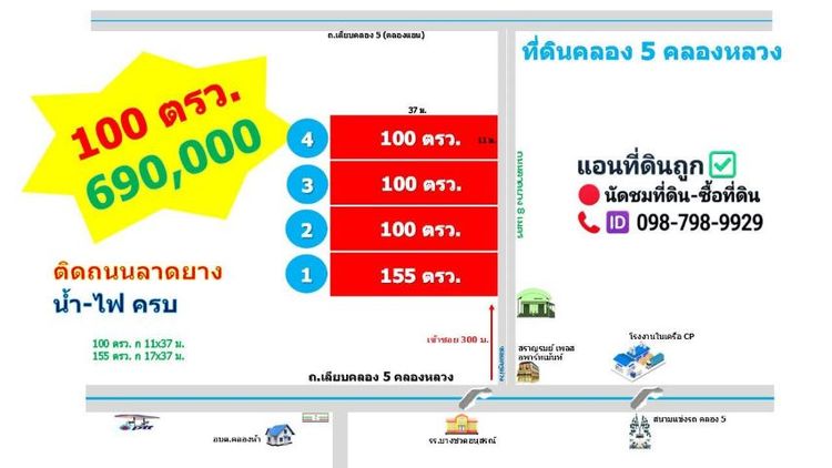 ไม่ใช่ ที่ดินติดลาดยาง 8 เมตร 100 ตรว. 690,000
คลอง 5 คลองหลวง ซอยครูห่วง

