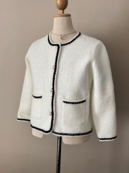 Brush Mohair Sweater White and Silvery Black Trim Pearly Rose Gold Button