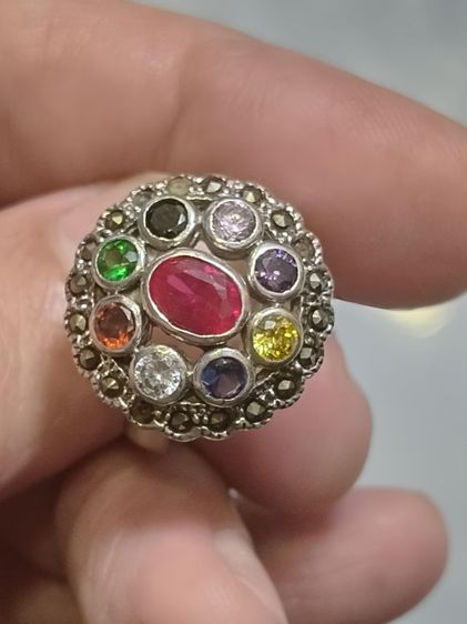 แหวนเงินตีตรา 925 ประดับพลอยสี งานเก่า ตามสภาพ