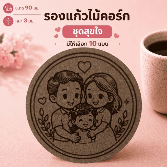 ที่รองแก้วไม้คอร์ก ลายสุขใจ❤️Amax Art