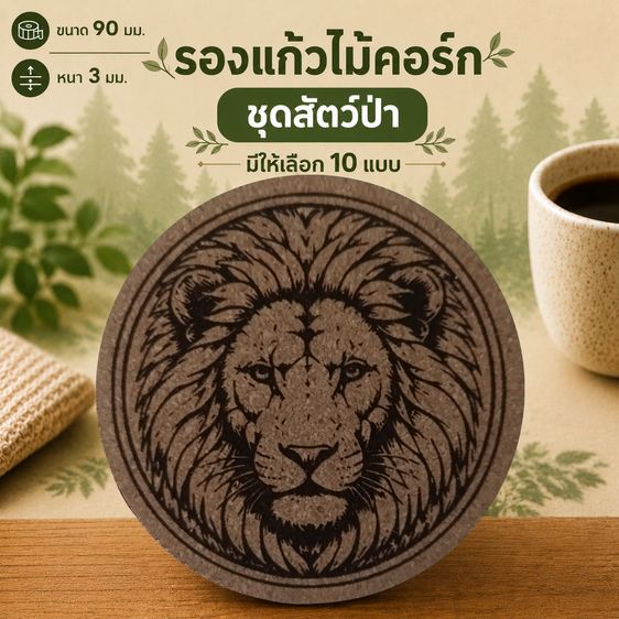 ที่รองแก้วไม้คอร์ก ลายสัตว์ป่า❤️Amax Art