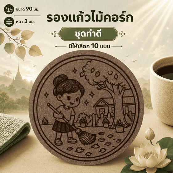 ที่รองแก้วไม้คอร์ก ลายทำดี❤️Amax Art