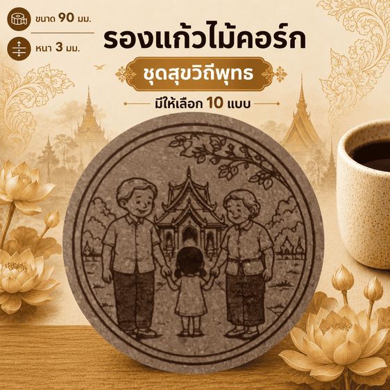 ที่รองแก้วไม้คอร์ก ลายสุขวิถีพุทธ❤️Amax Art