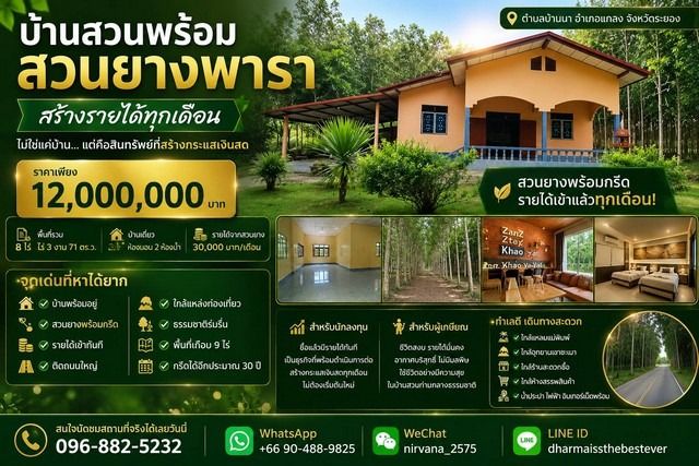 บ้านสวนพร้อมสวนยางพารา สร้างรายได้ทุกเดือน บนพื้นที่เกือบ 9 ไร่ จังหวัดระยอง ตำบลบ้านนา อำเภอแกลง จังหวัดระยอง