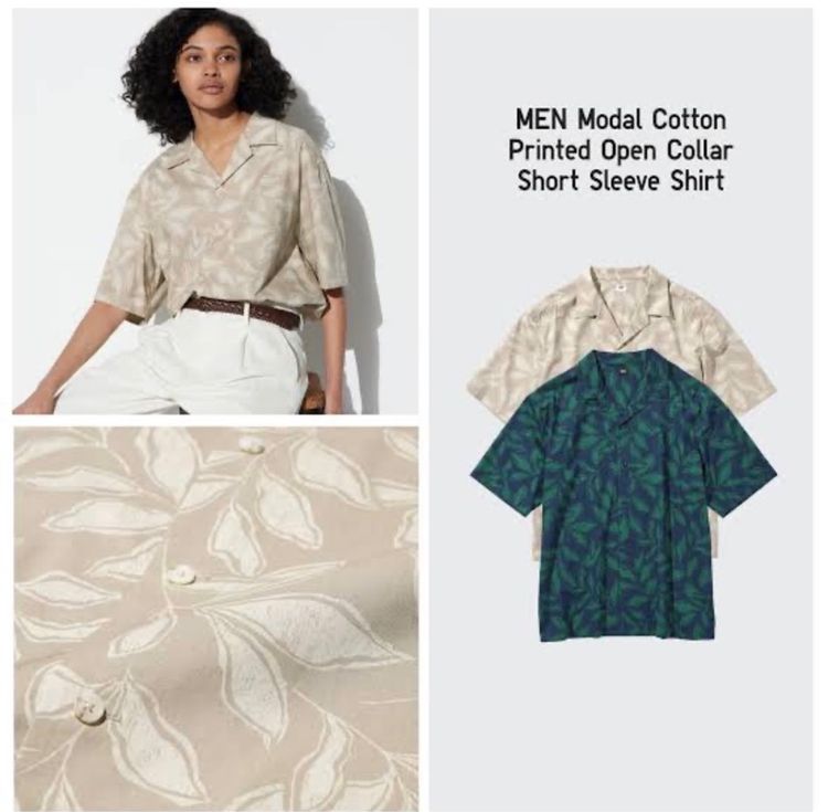 Uniqlo เสื้อเชิ้ตพิมพ์ลายคอเปิด แขนสั้น สีเบจ  ผู้ชาย ไซส์ L มือสอง เหมือนใหม่รุ่นชนช้อปไทย รูปที่ 4