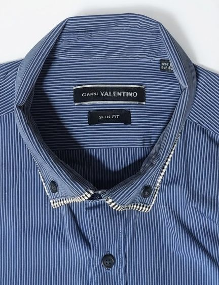 VALENTINO Roma INTERFIT Dress SHIRT Cotton Striped Blue Slim Fit รูปที่ 3