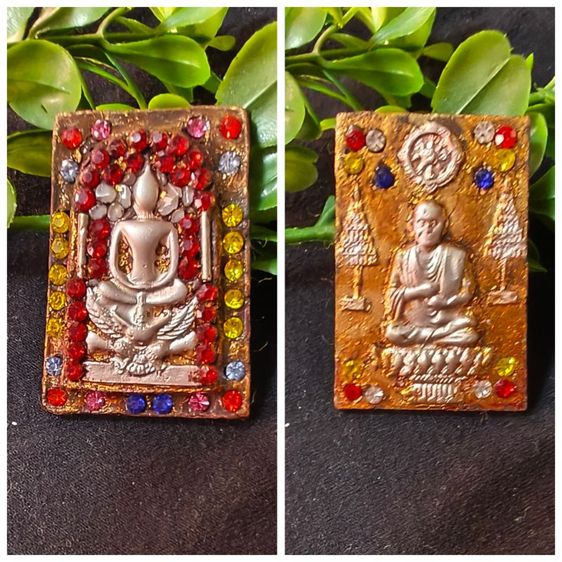 สมเด็จพิมพ์ประธานทรงครุฑ ด้านหลังเป็นรูปเหมือนสมเด็จพระพุฒาจารย์ (โต พรหมรังสี) งานบุเงินประดับพลอยสีสูง 1.5 นิ้วสวยมาก